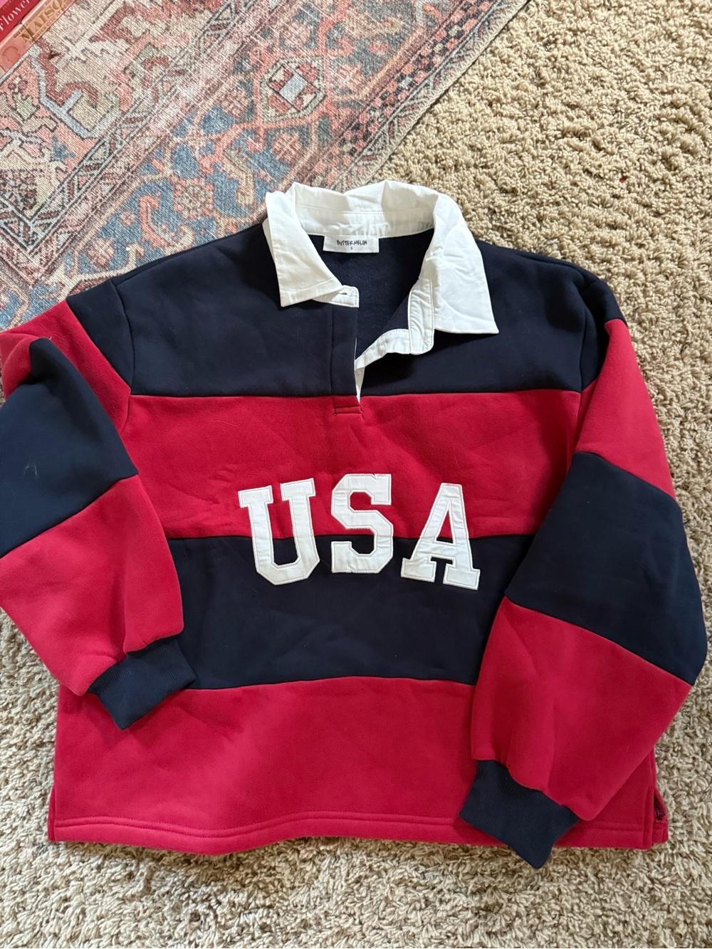 USA Rugby Stripe Collared Sweatshirt - Red & Navy